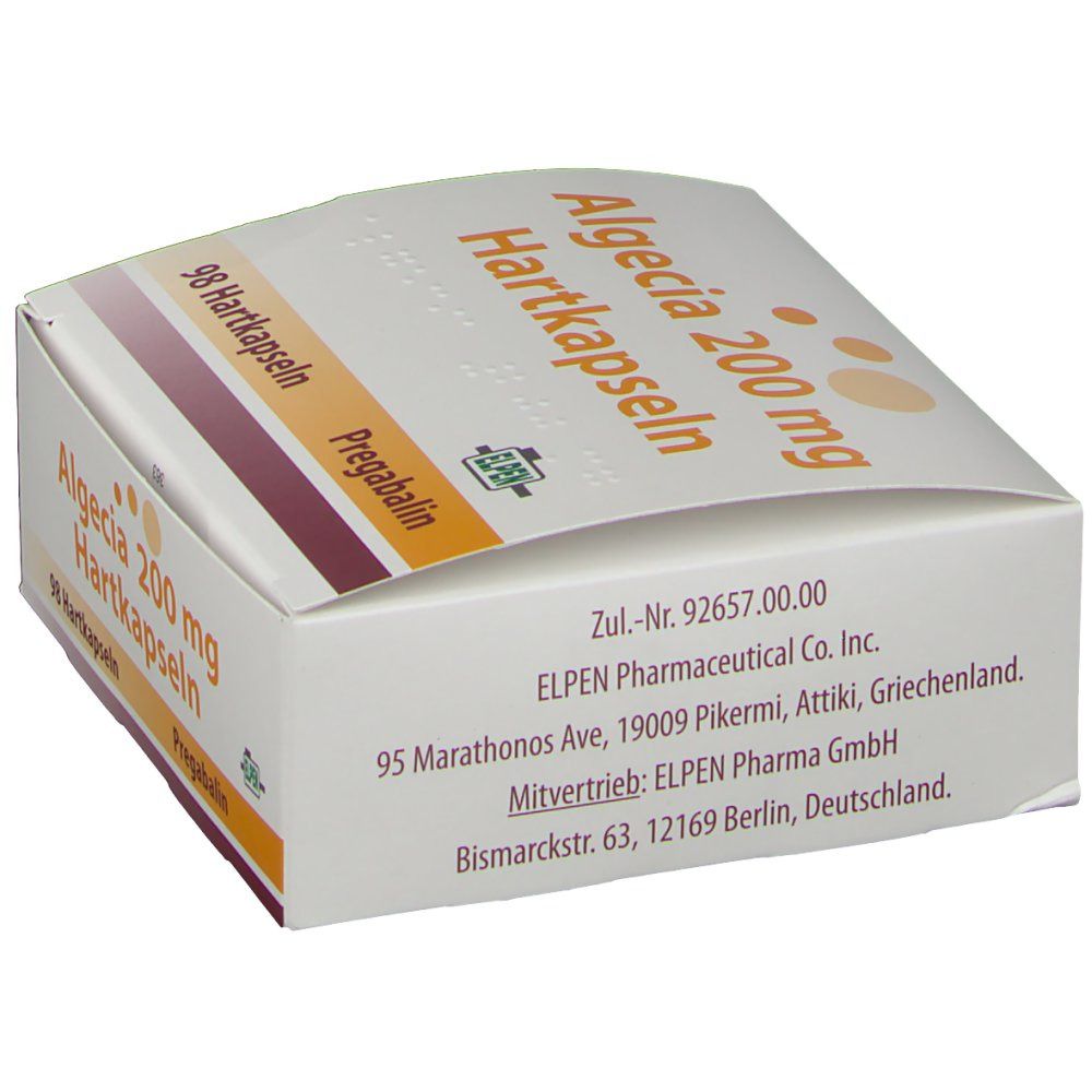 Schachtel mit Algecia 200 mg Hartkapseln. Aufschrift: 98 Hartkapseln, Pregabalin. ELPEN-Logo. Text: ELPEN Pharmaceutical Co. Inc.