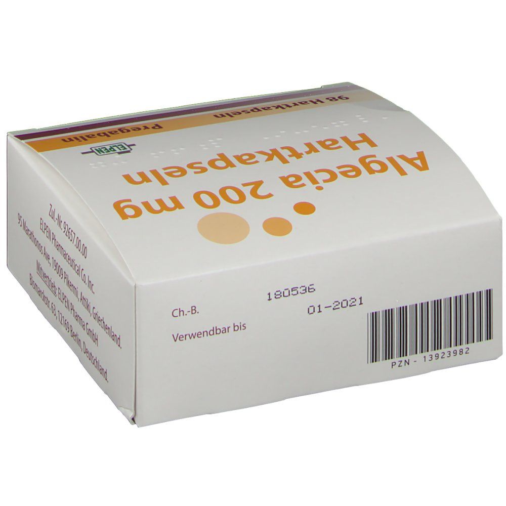 Schachtel mit Algecia 200 mg Hartkapseln. Aufschrift: 98 Hartkapseln, Pregabalin. Barcode und Verfallsdatum.