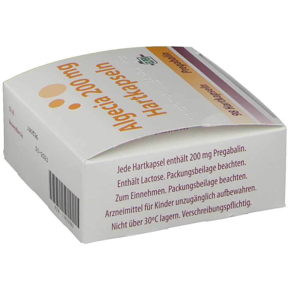 Schachtel mit Algecia 200 mg Hartkapseln. Aufschrift: 98 Hartkapseln, Pregabalin. Text: Enthält Lactose. Packungsbeilage beachten.