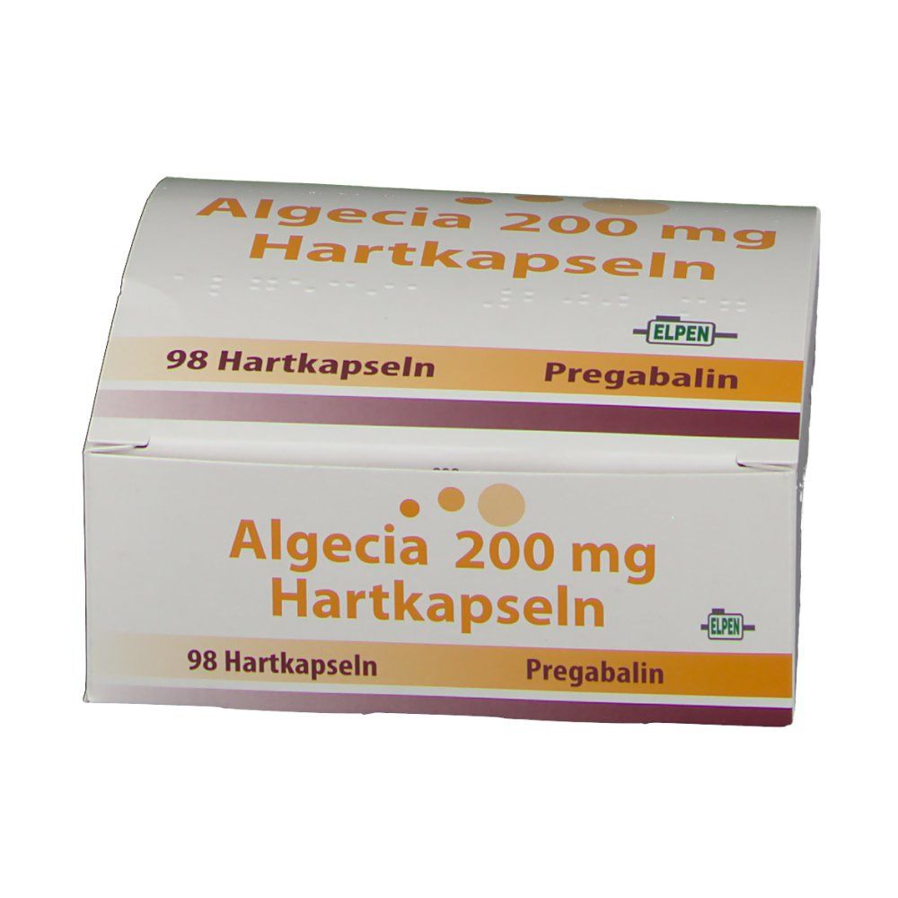 Schachtel mit Algecia 200 mg Hartkapseln. Aufschrift: 98 Hartkapseln, Pregabalin. ELPEN-Logo.