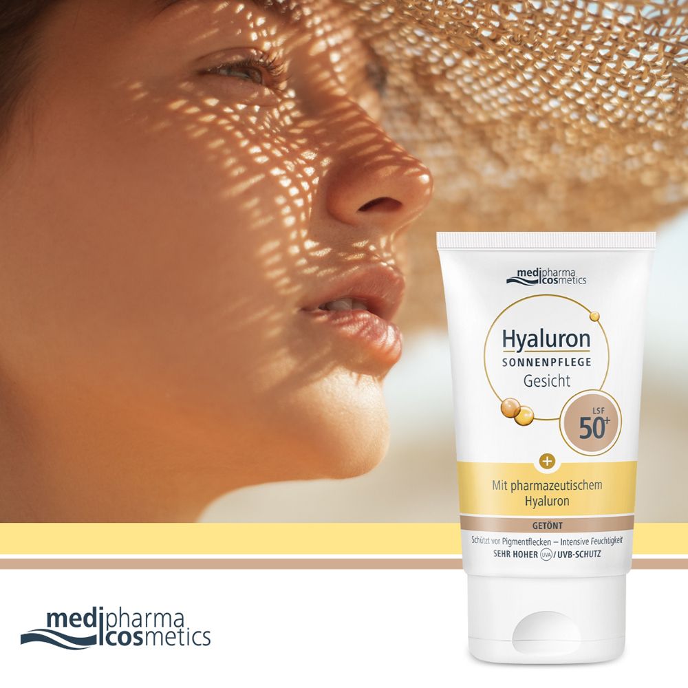 Frau mit Hut und Sonnenlicht. Daneben Tube Hyaluron Sonnenpflege Gesicht LSF 50+. Marke: medipharma cosmetics.