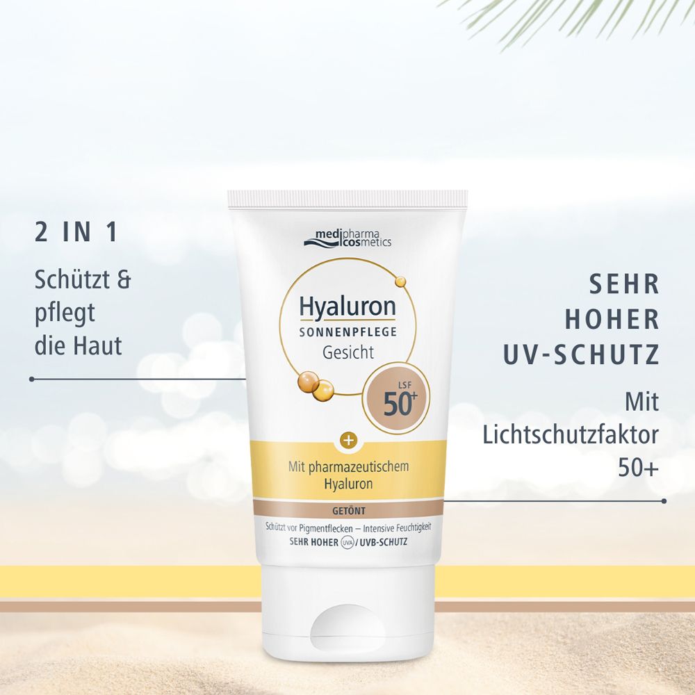 Tube Hyaluron Sonnenpflege Gesicht LSF 50+ vor Hintergrund. Text: 2 in 1, sehr hoher UV-Schutz, LSF 50+.