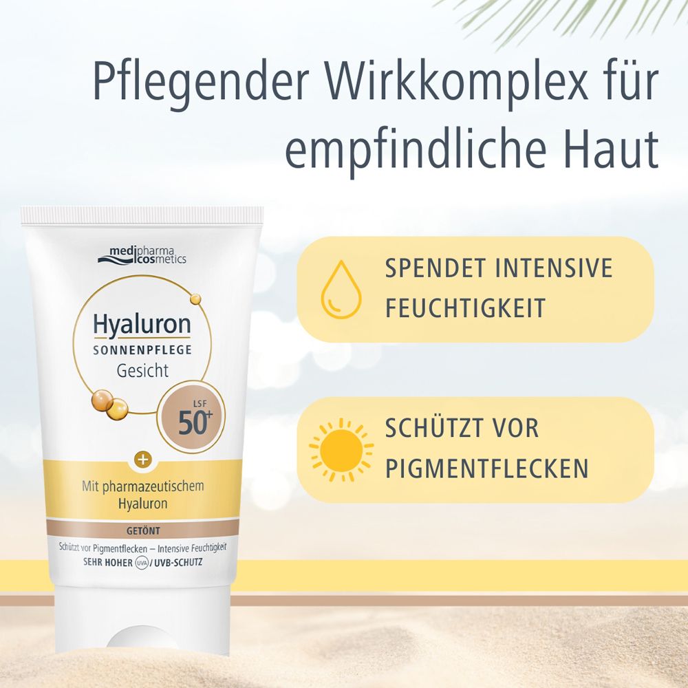 Tube Hyaluron Sonnenpflege Gesicht LSF 50+ mit Text. Pflegender Wirkkomplex für empfindliche Haut.