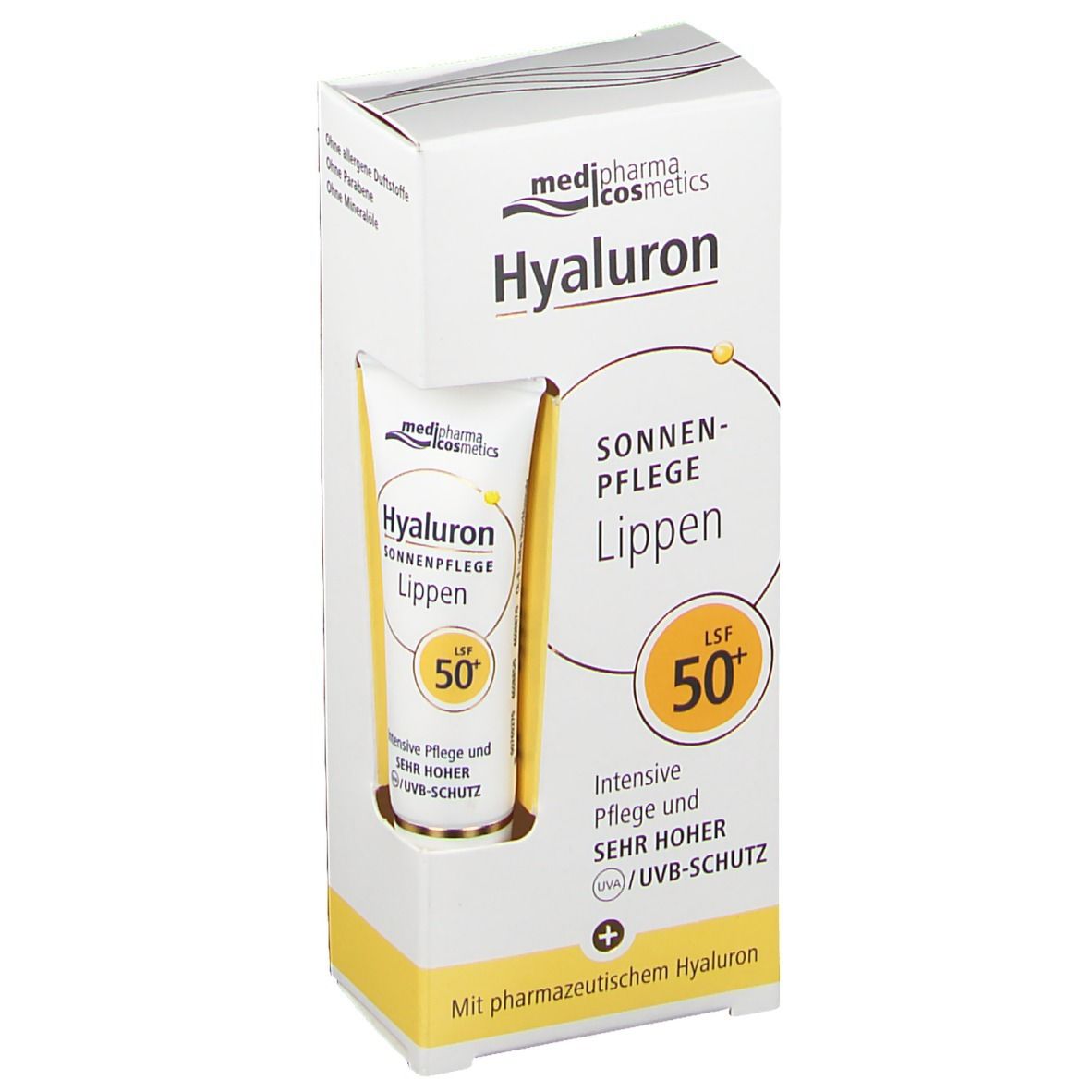 Verpackung mit Lippenpflege LSF 50+. Tube im Karton. Produktname und Marke sichtbar. Gelbe und weiße Farbgebung.