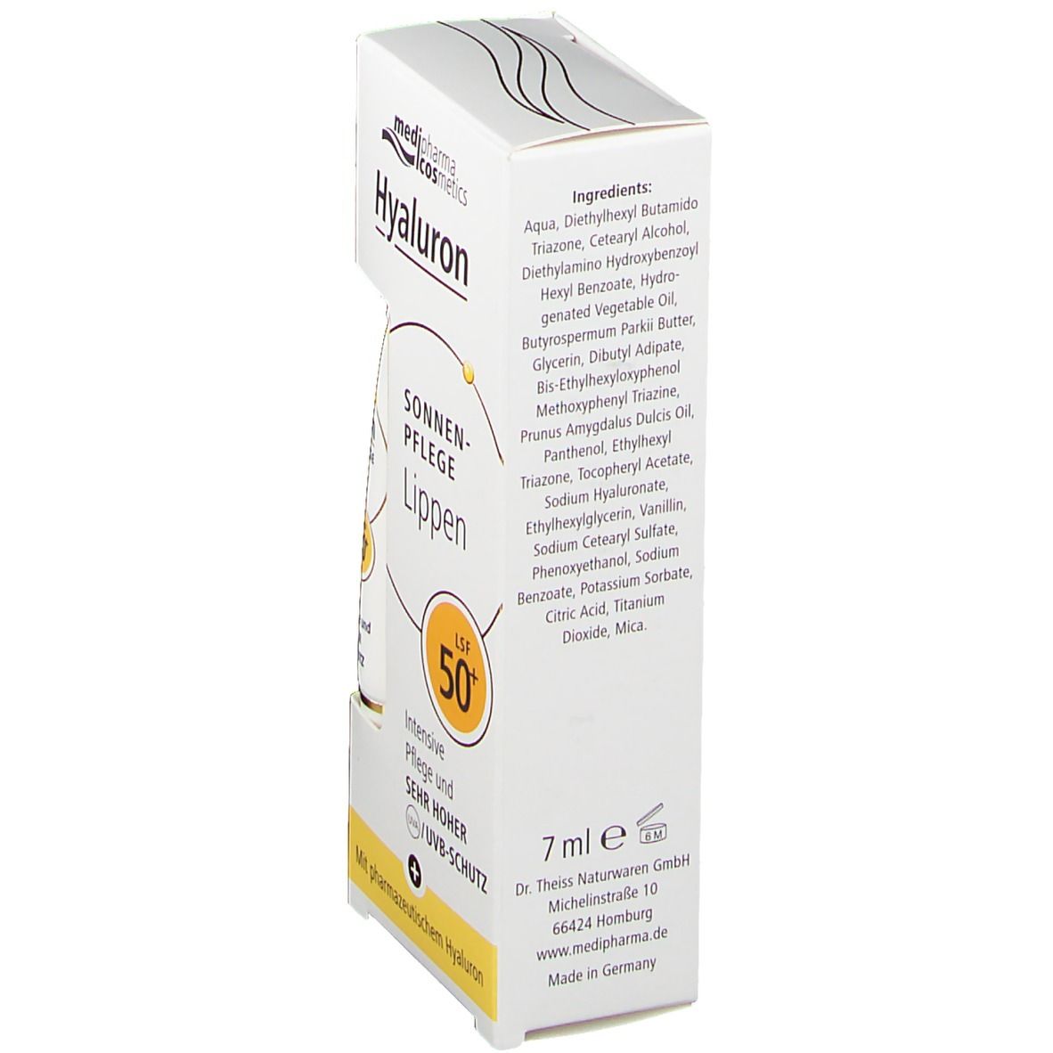 Verpackung mit Inhaltsstoffen und Herstellerinformationen. Produktname und Marke sichtbar. Weiße Verpackung.