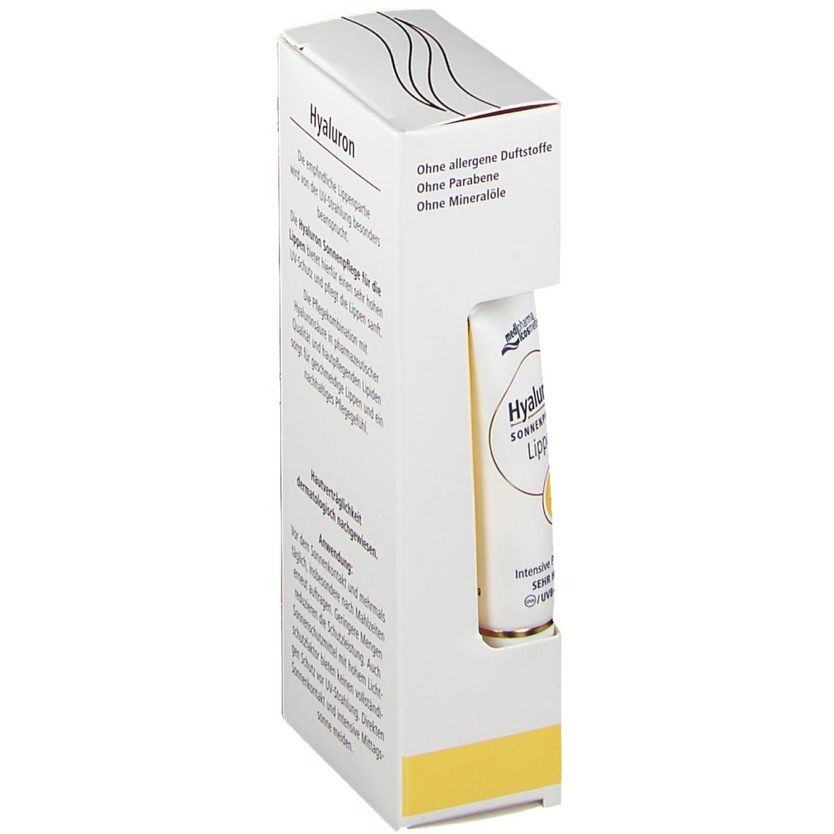 Verpackung mit Produkt und Text. Produktname und Marke sichtbar. Weiße Verpackung mit gelben Akzenten.