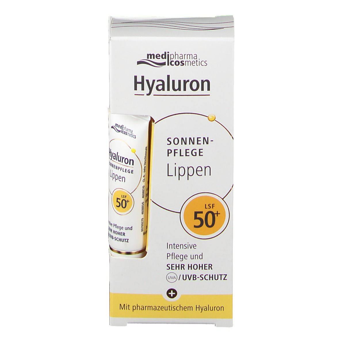 Verpackung mit Lippenpflege LSF 50+. Tube im Karton. Produktname und Marke sichtbar. Gelbe und weiße Farbgebung.