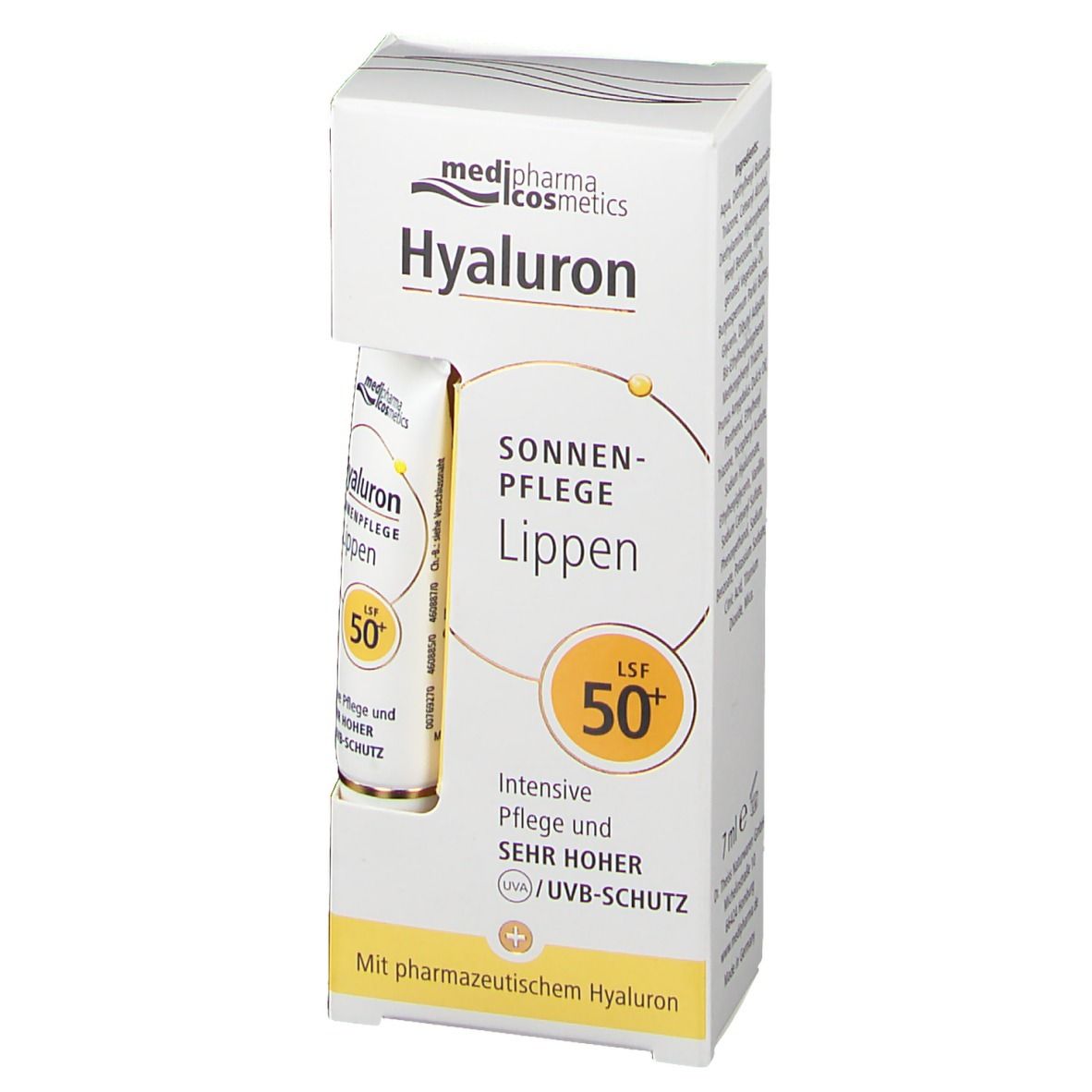 Verpackung mit Lippenpflege LSF 50+. Tube im Karton. Produktname und Marke sichtbar. Gelbe und weiße Farbgebung.