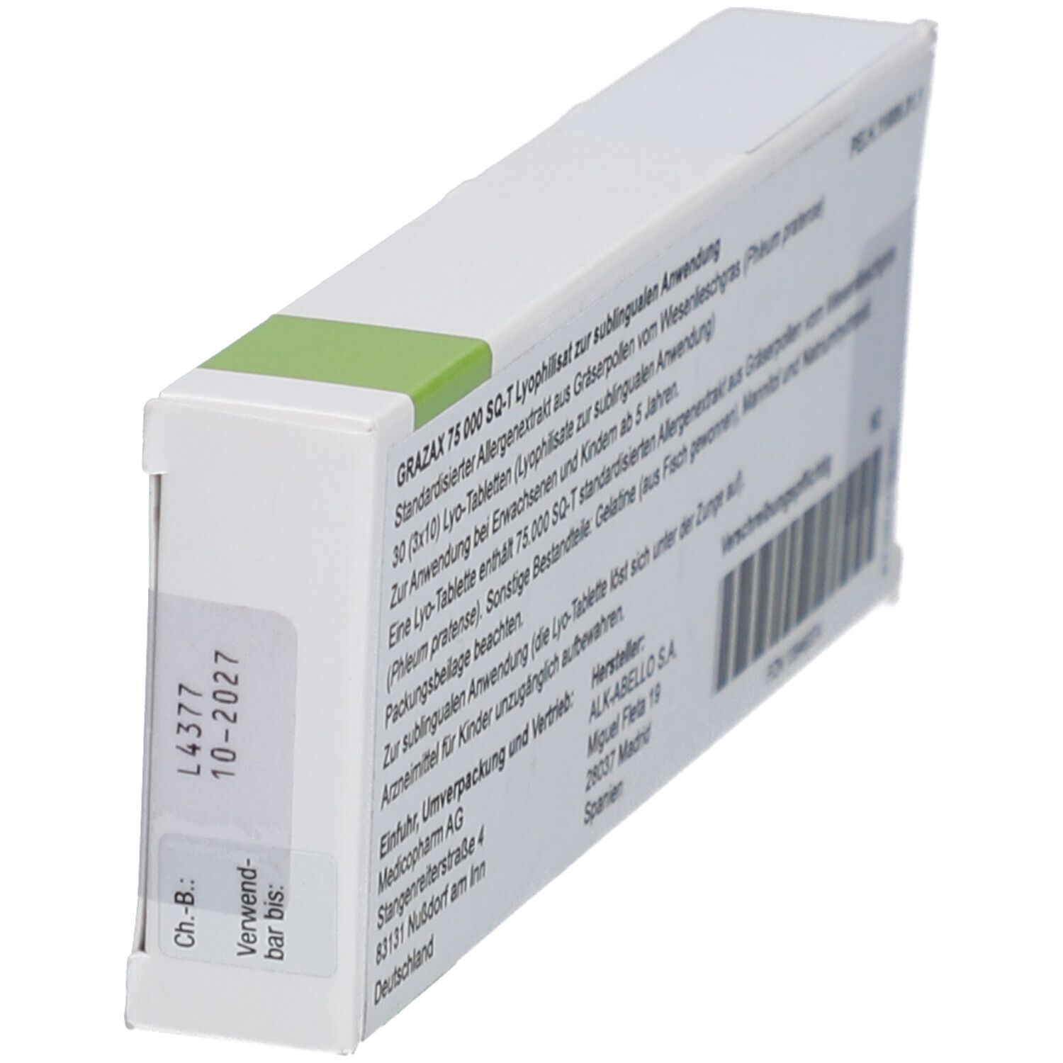 GRAZAX 75.000 SQ-T Lyo-Tab-Packung. Seitenansicht. Text und Verfallsdatum. Grün markiert.