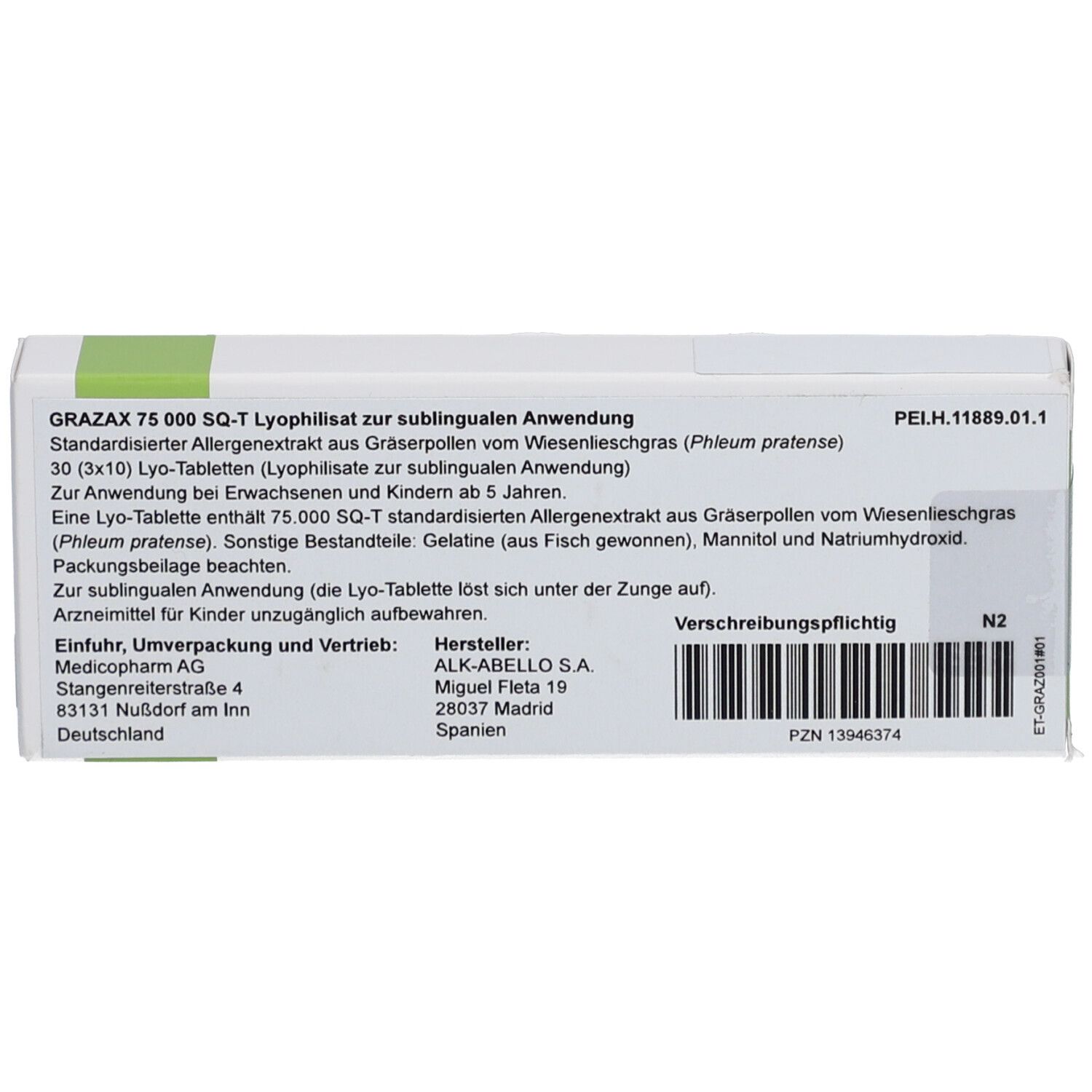 GRAZAX 75.000 SQ-T Lyo-Tab. Packung. Text mit Produktinformationen und Herstellerangaben.