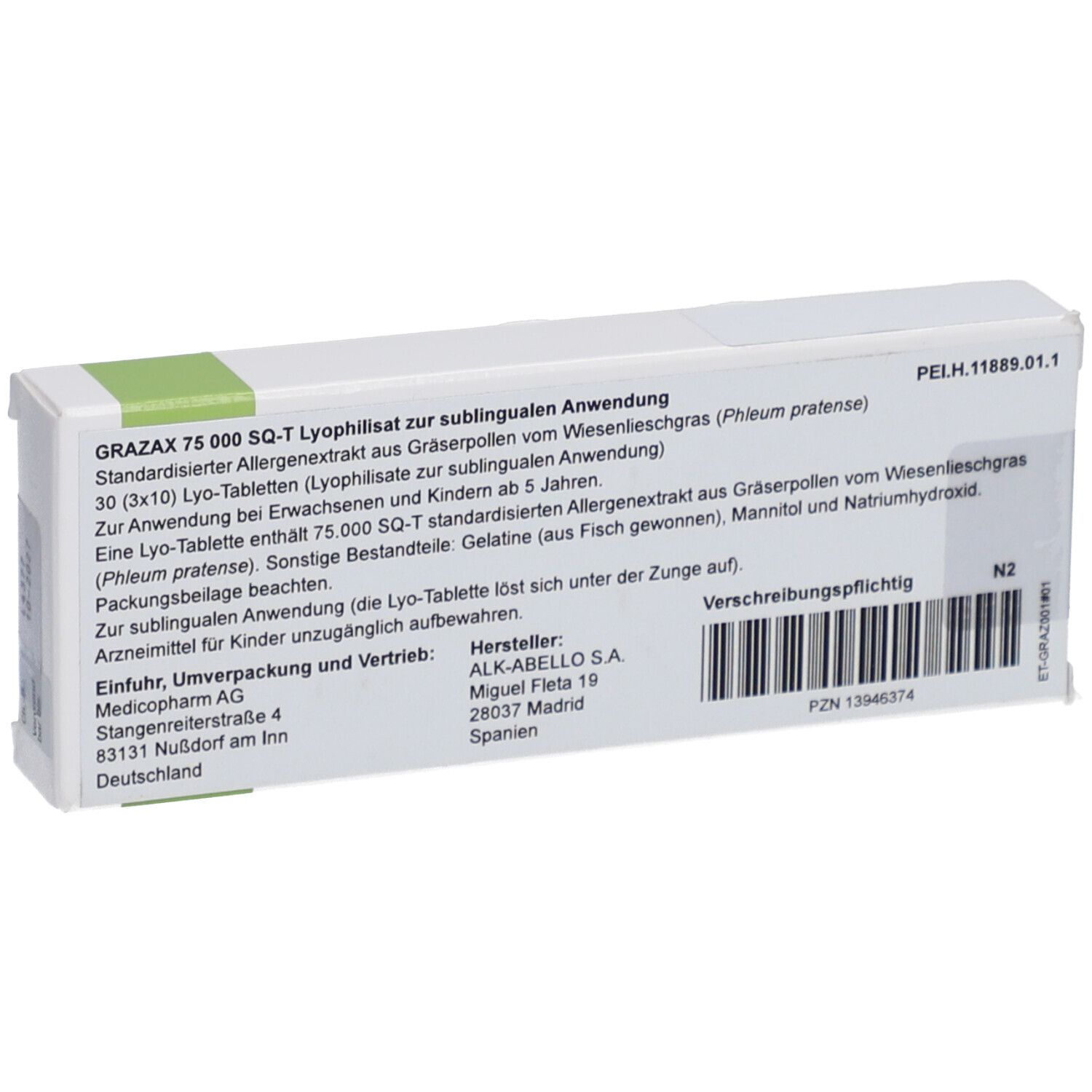 GRAZAX 75.000 SQ-T Lyo-Tab. Packung. Text mit Produktinformationen und Herstellerangaben.