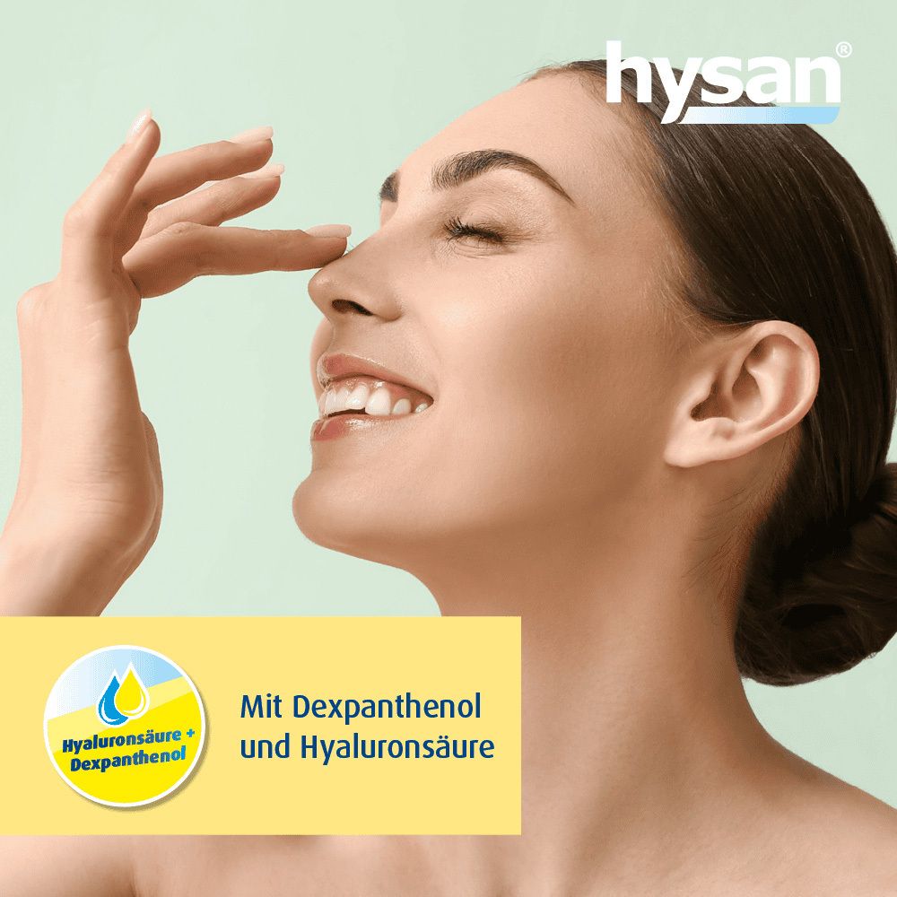 Frau berührt Nase. Gelbes Feld mit Text: Mit Dexpanthenol und Hyaluronsäure.