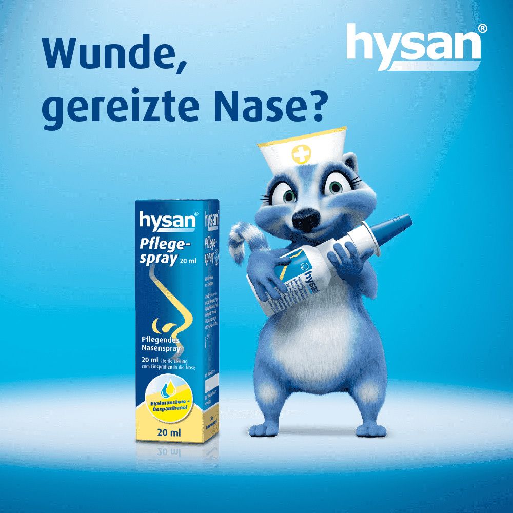 Cartoon-Figur mit Hysan Pflegespray und Verpackung. Text: Wunde, gereizte Nase?