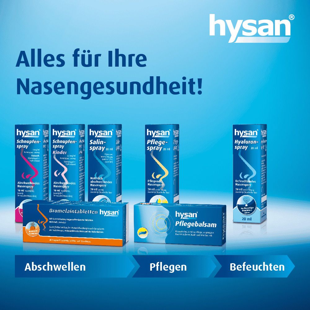 Verschiedene Hysan-Produkte. Text: Alles für Ihre Nasengesundheit! Abschwellen, Pflegen, Befeuchten.