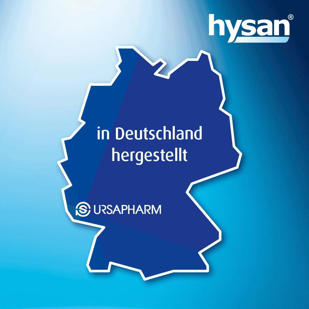 Blaue Grafik mit Deutschland-Umriss. Text: in Deutschland hergestellt. Logo: URSAPHARM.