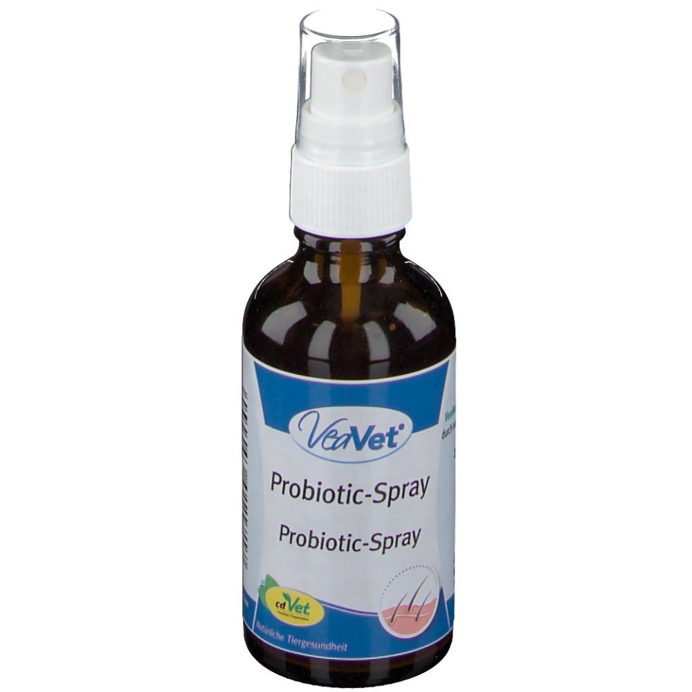 Braune Flasche mit weißem Sprühkopf. Aufschrift: VeaVet Probiotic-Spray. Logo: cd Vet. Für Tiere.