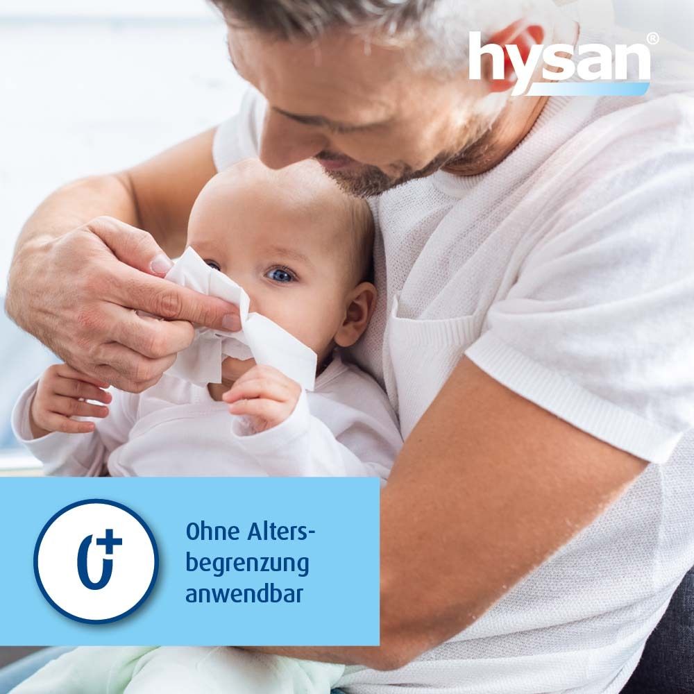 Baby mit Taschentuch. Text: Ohne Altersbegrenzung anwendbar. Blaues Logo.
