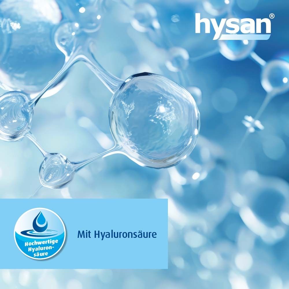Blaue Flüssigkeit mit Hyaluronsäure. Text: Mit Hyaluronsäure. Blaues Logo.