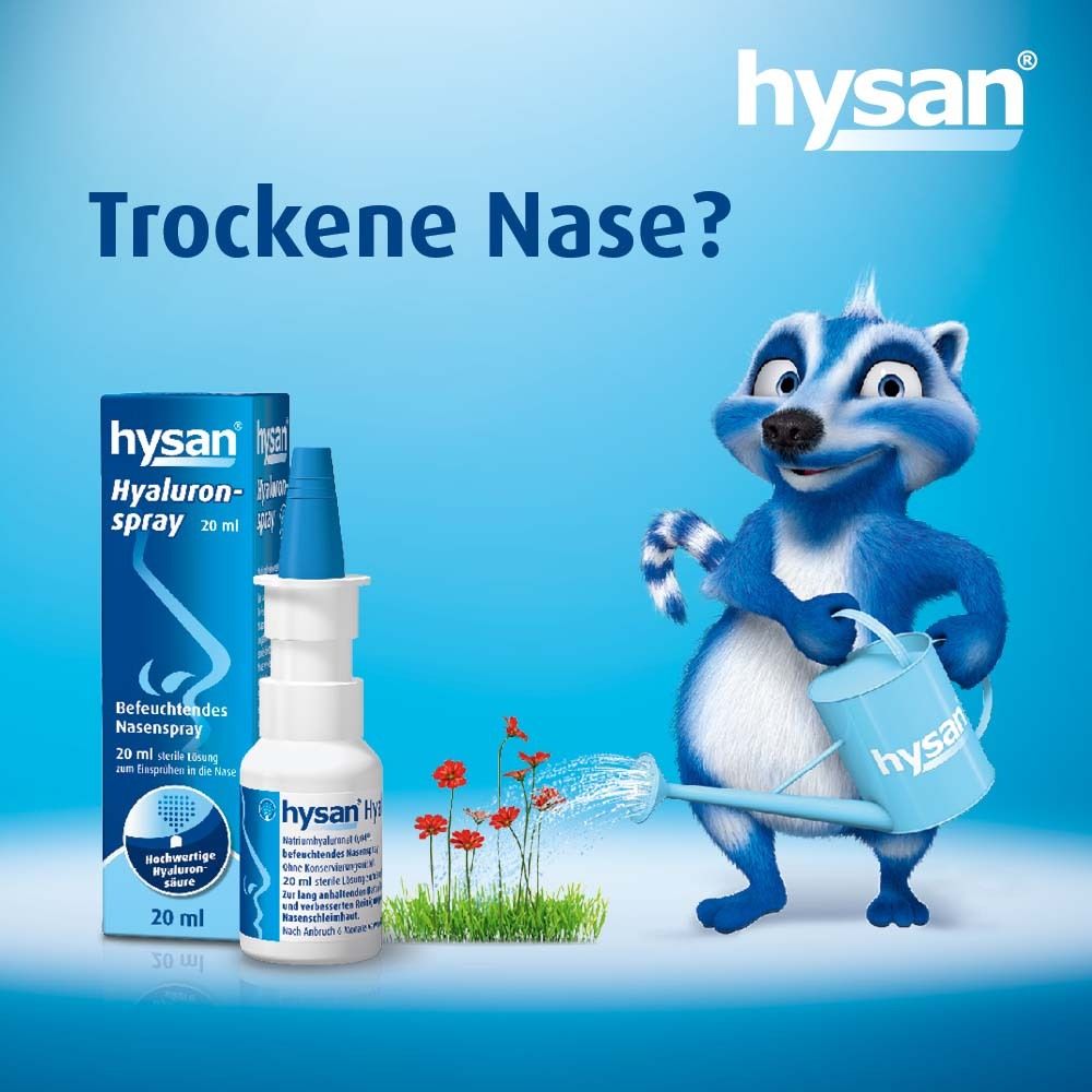 Hysan Hyaluronspray, 20 ml. Cartoon-Waschbär mit Gießkanne. Blaue Verpackung.