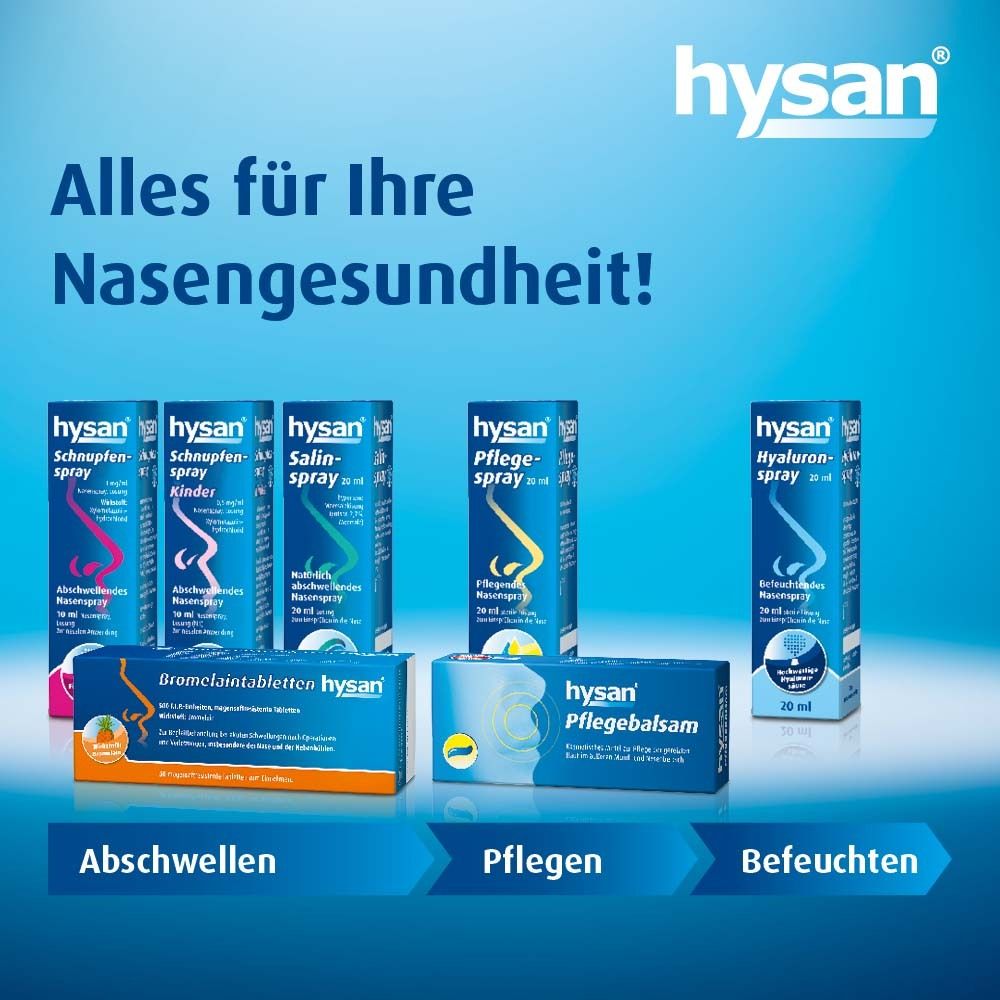 Verschiedene Hysan-Produkte. Text: Alles für Ihre Nasengesundheit! Blaue Verpackungen.