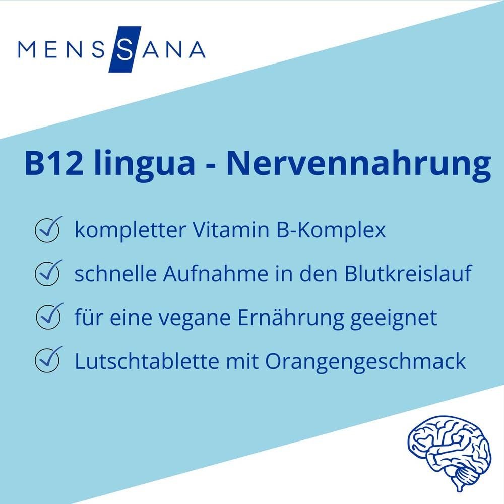 Text: B12 lingua - Nervennahrung. Vier grüne Häkchen. Gehirn-Symbol.