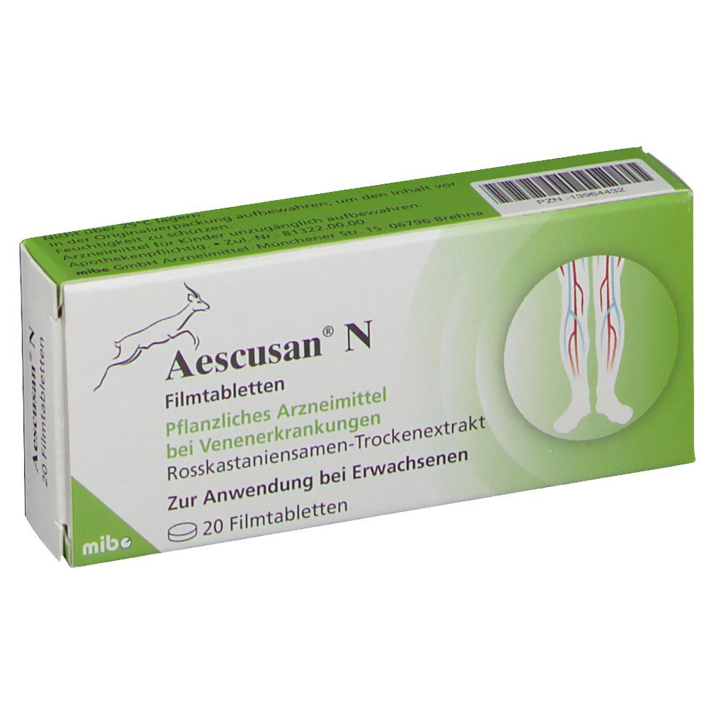 Schachtel mit Aescusan N. Aufdruck: 20 Filmtabletten, pflanzliches Arzneimittel. Abbildung: Beine mit Venen.