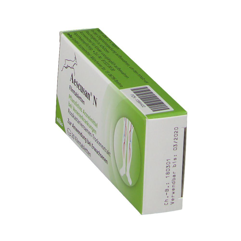 Schachtel Aescusan N, schräg. Aufdruck: 20 Filmtabletten, pflanzliches Arzneimittel. Logo: springendes Reh.