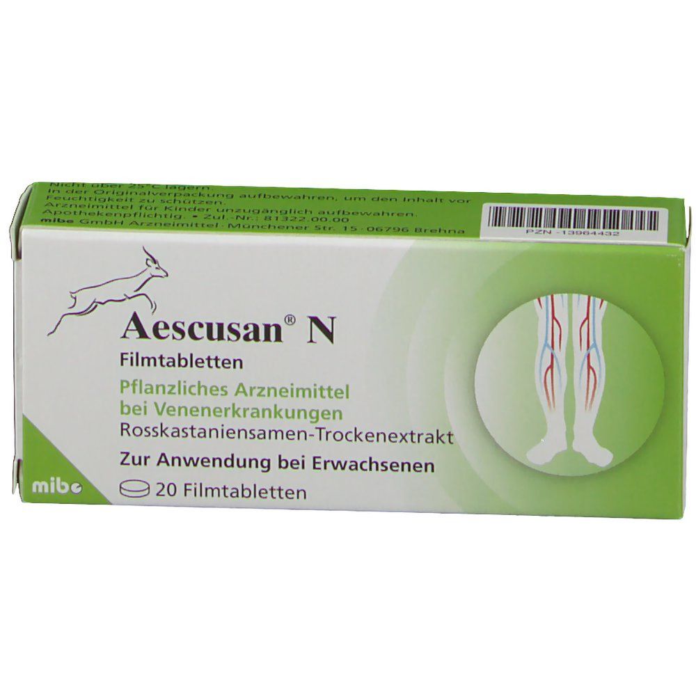 Aescusan N Schachtel. Aufdruck: 20 Filmtabletten, pflanzliches Arzneimittel. Logo: springendes Reh. Abbildung: Beine mit Venen.