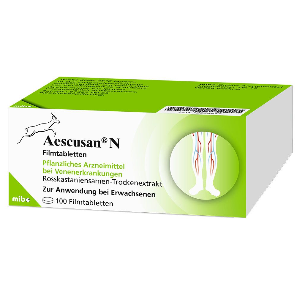Schachtel mit Aescusan N Filmtabletten. Grün-weiße Verpackung mit Produktnamen, Inhaltsangaben und Illustration von Beinen.