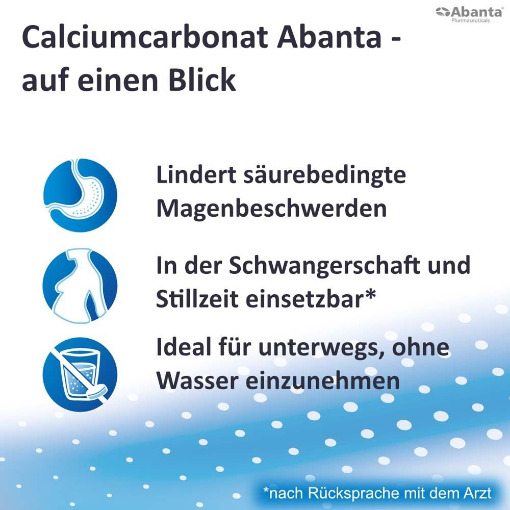 Text: Calciumcarbonat Abanta - auf einen Blick. Drei Icons mit Texten zu den Vorteilen.