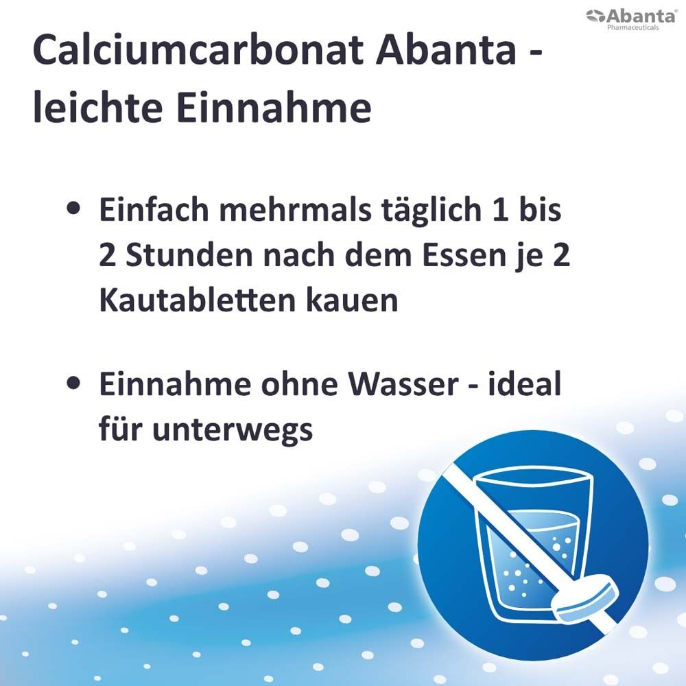 Text: Calciumcarbonat Abanta - leichte Einnahme. Einnahme ohne Wasser. Ideal für unterwegs.