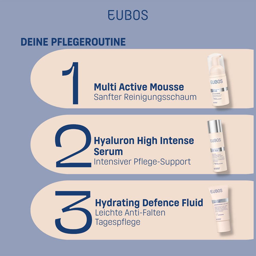 Pflegeroutine mit EUBOS Produkten. Multi Active Mousse, Hyaluron Serum, Hydrating Defence Fluid.