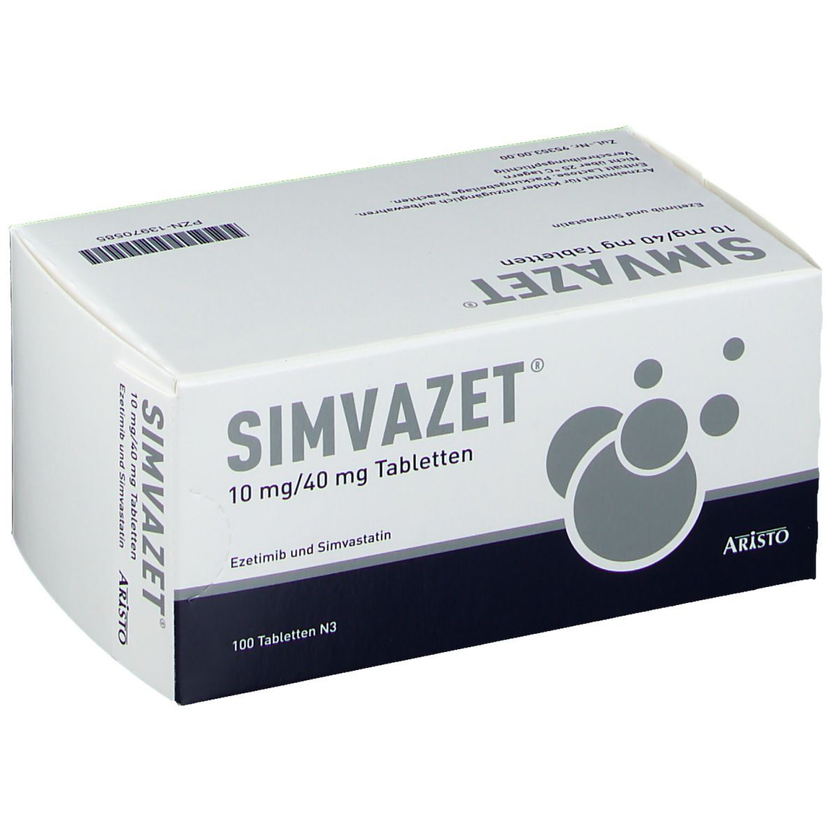 SIMVAZET® 10 mg/40 mg Tabletten-Packung. Weiße Schachtel mit Produktnamen, Dosierung, Herstellerlogo und weiteren Informationen.