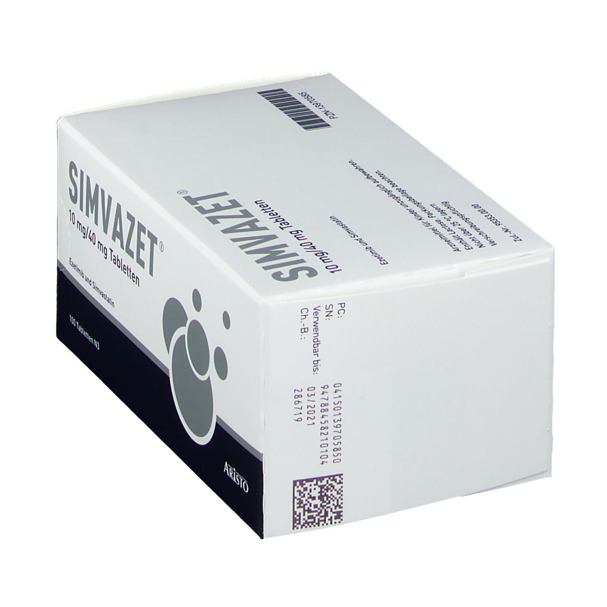SIMVAZET® 10 mg/40 mg Tabletten-Packung. Weiße Schachtel mit Produktnamen, Dosierung, Herstellerlogo und weiteren Informationen.
