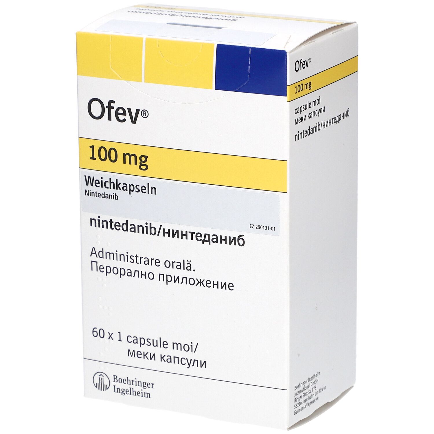 Ofev 100 mg Weichkapseln-Packung. Enthält Nintedanib. Box mit gelben und blauen Akzenten. Boehringer Ingelheim Logo.