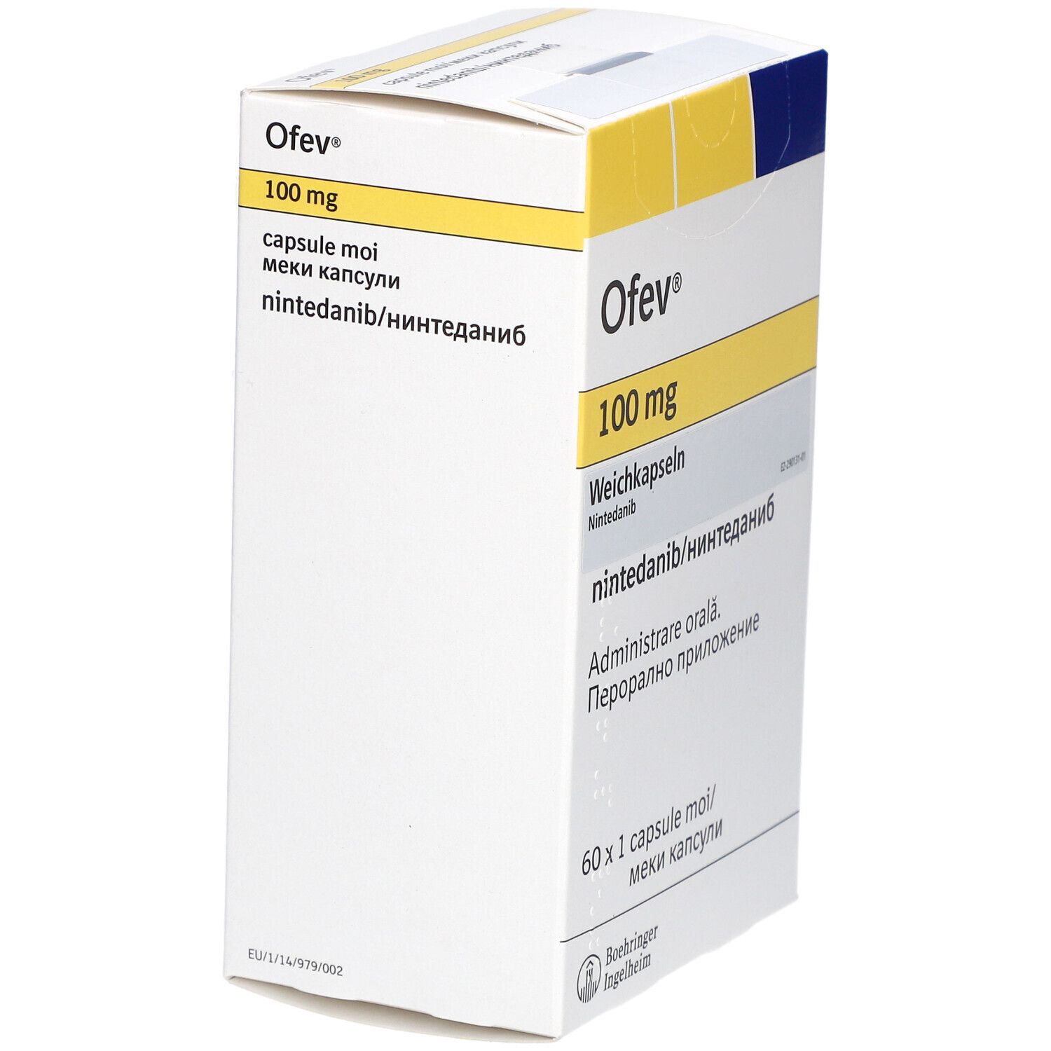 Ofev 100 mg Weichkapseln-Packung. Enthält Nintedanib. Box mit gelben und blauen Akzenten. Boehringer Ingelheim Logo.