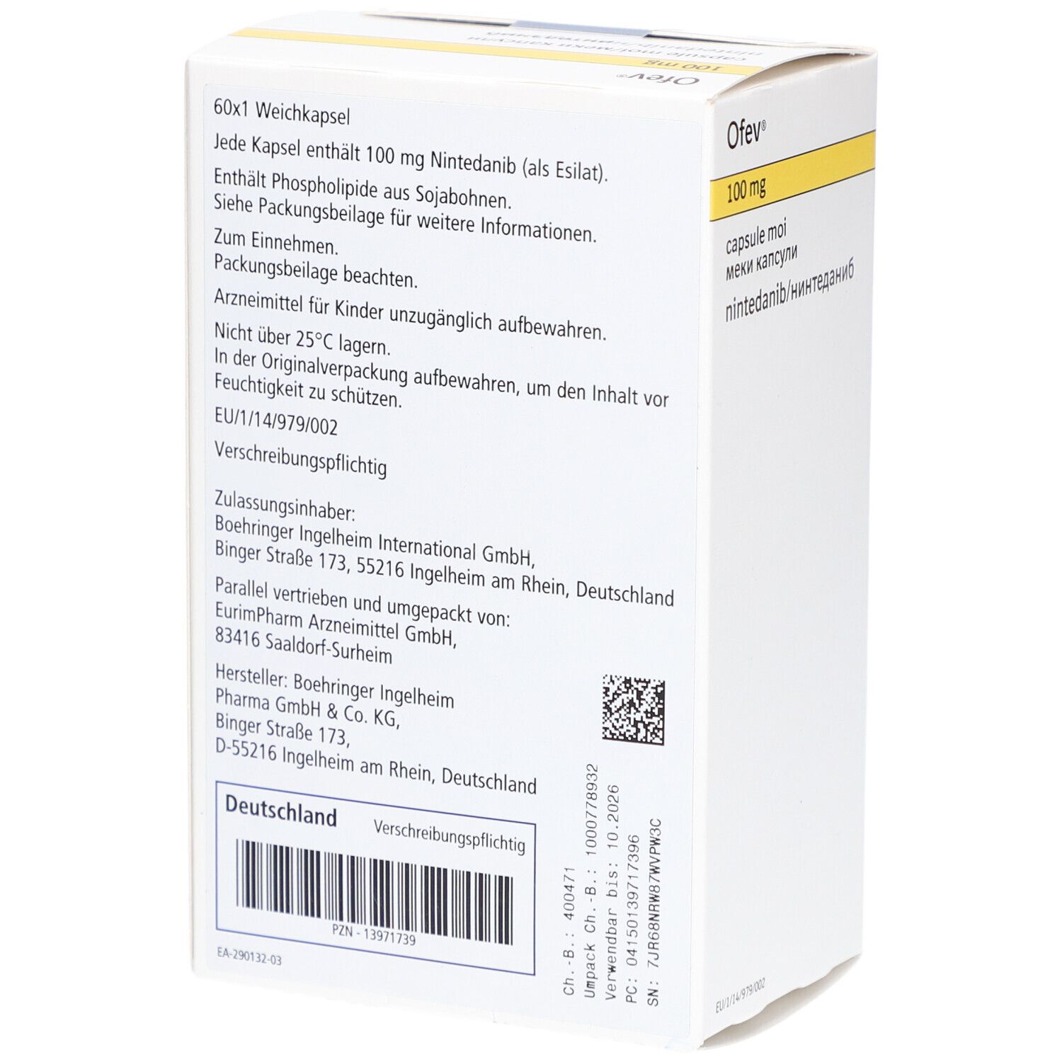 Rückseite der Ofev 100 mg Packung. Enthält Informationen zu Inhaltsstoffen, Hersteller und Dosierung. Text in Deutsch.