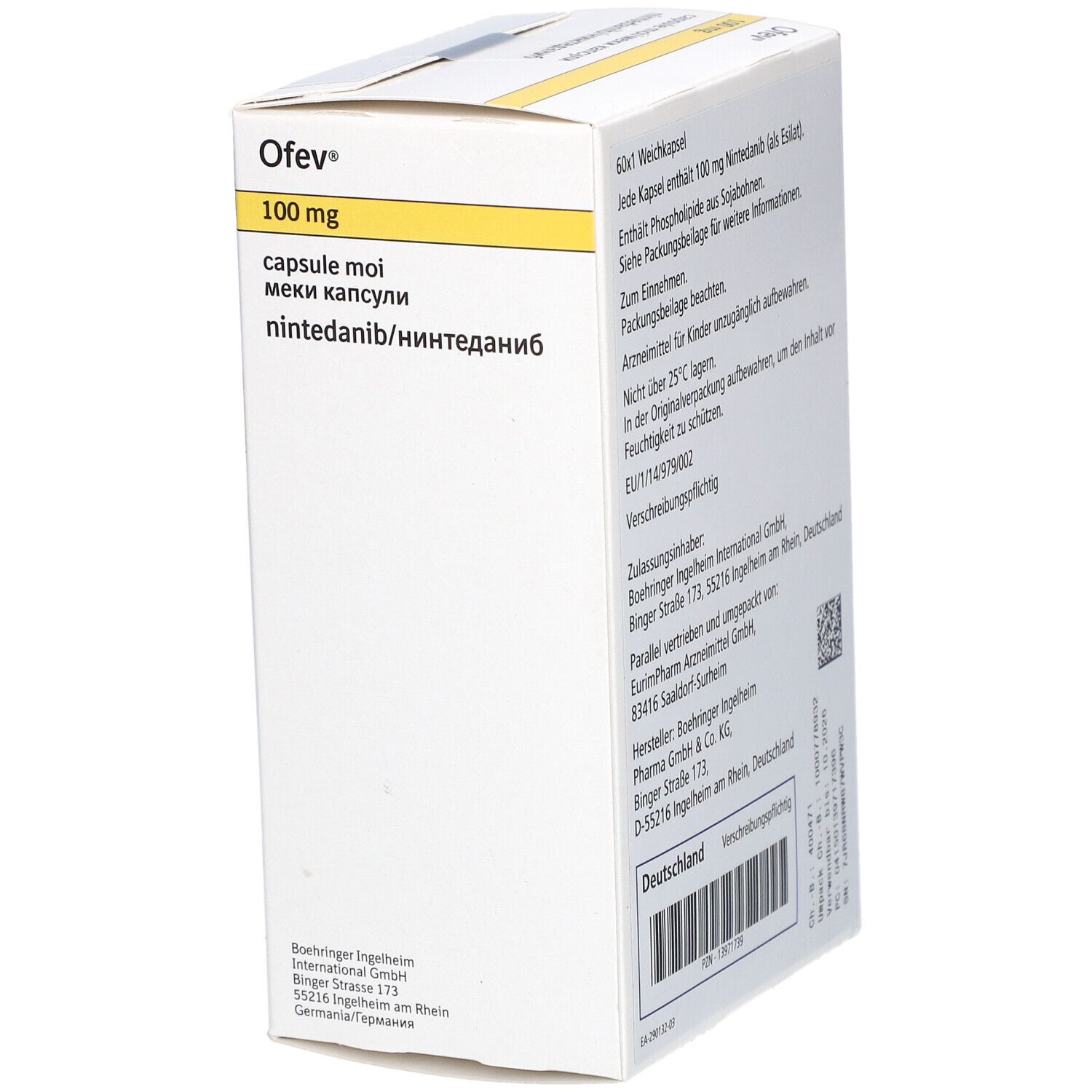 Ofev 100 mg Packung. Enthält Nintedanib. Box mit gelben und blauen Akzenten. Boehringer Ingelheim Logo.