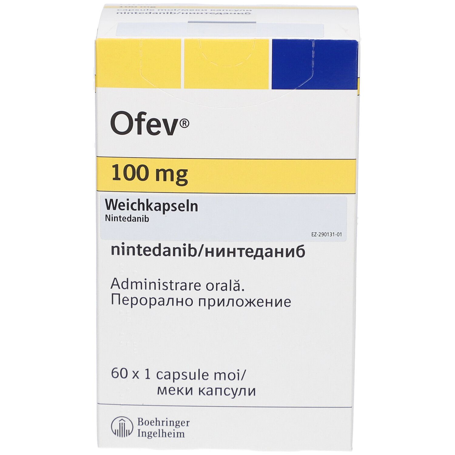 Ofev 100 mg Weichkapseln-Packung. Enthält Nintedanib. Box mit gelben und blauen Akzenten. Boehringer Ingelheim Logo.