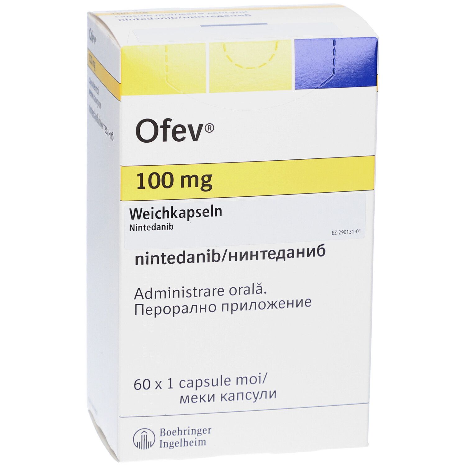 Ofev 100 mg Weichkapseln-Packung. Enthält Nintedanib. Box mit gelben und blauen Akzenten. Boehringer Ingelheim Logo.