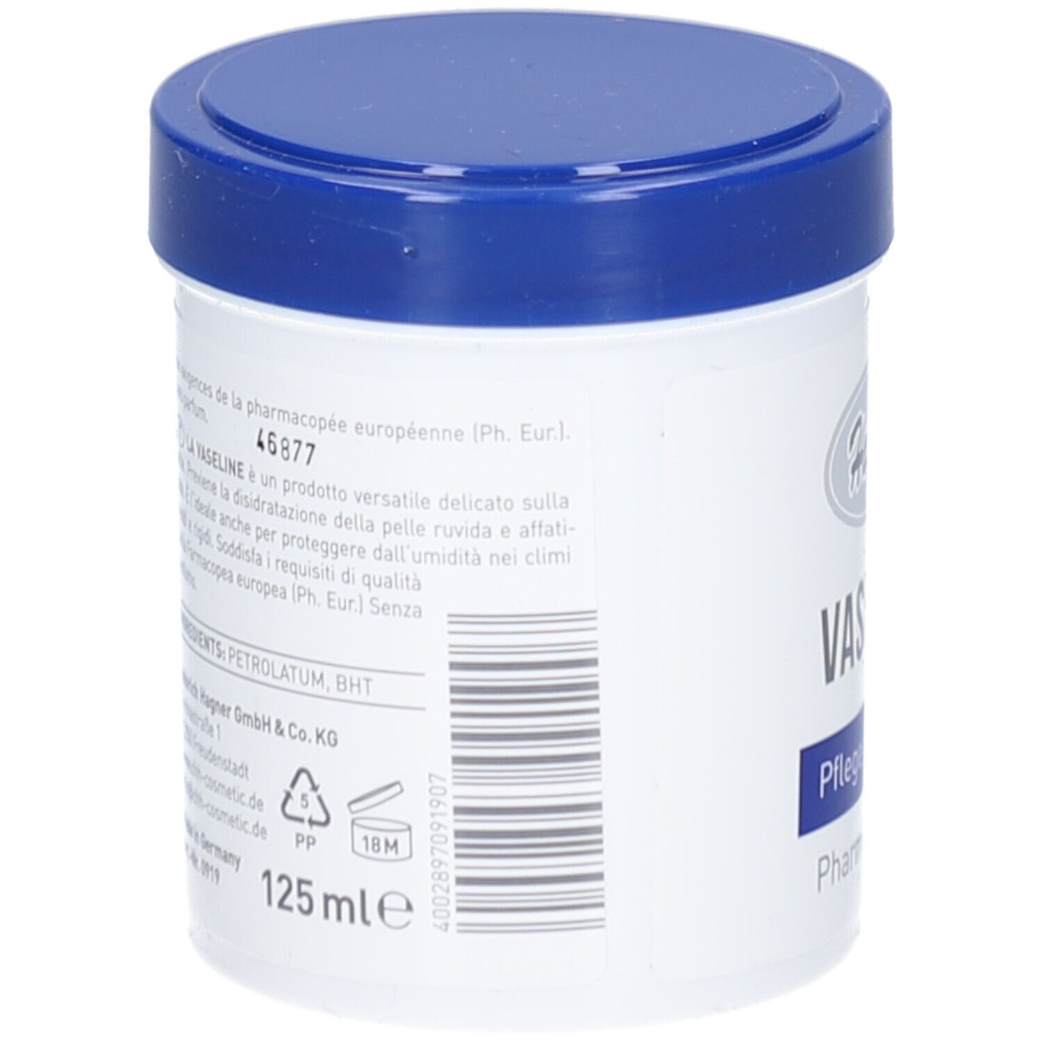 Weißer Tiegel mit blauem Deckel. Auf der Rückseite: Inhaltsstoffe, Barcode, 125 ml, und weitere Informationen.