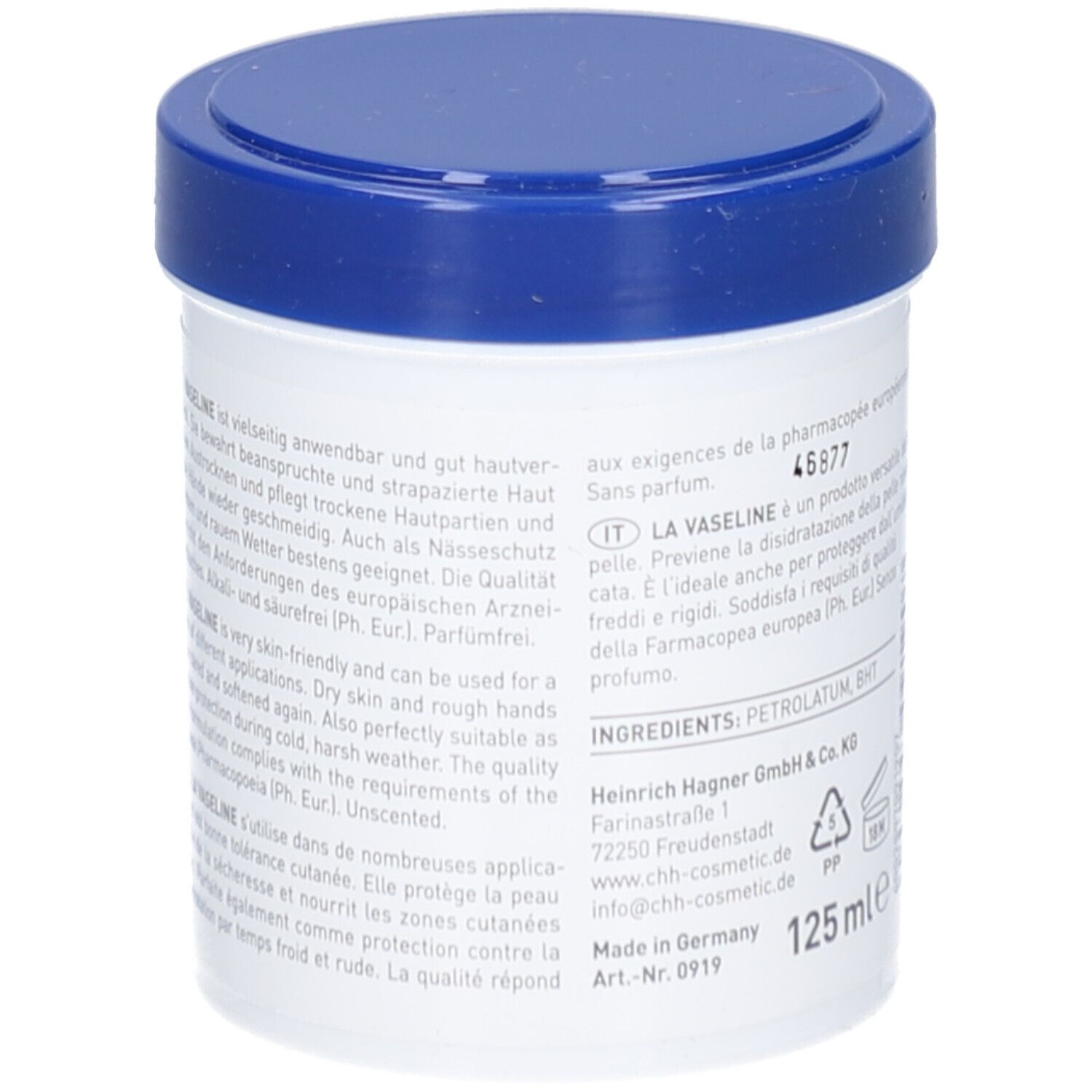 Weißer Tiegel mit blauem Deckel. Auf der Rückseite: Produktbeschreibung in Deutsch, Englisch, Französisch und Italienisch.