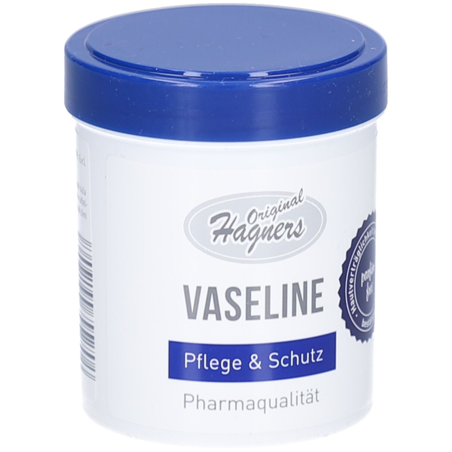 Weißer Tiegel mit blauem Deckel. Aufschrift: Original Hagners Vaseline, Vaseline, Pflege & Schutz, Pharmaqualität.