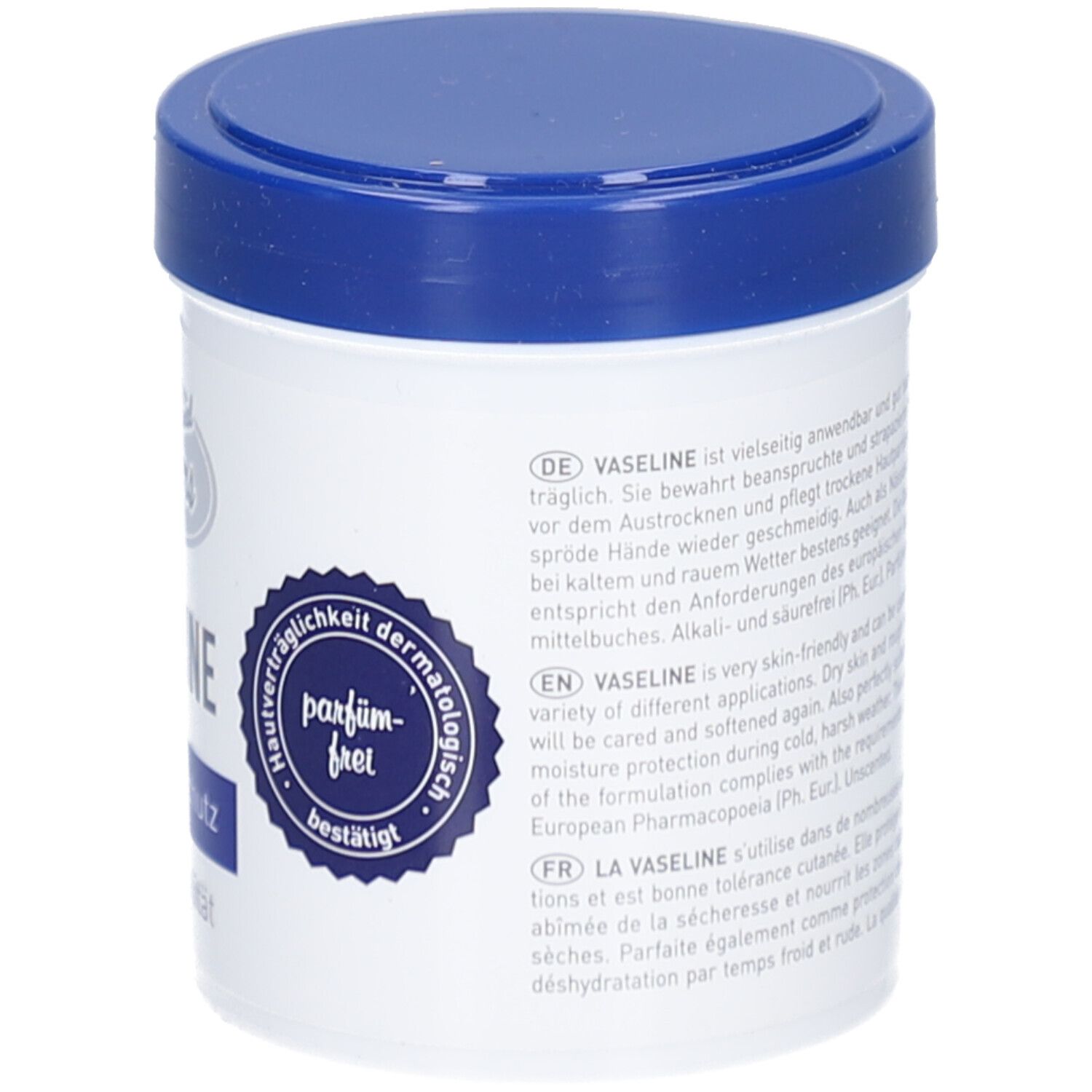 Weißer Tiegel mit blauem Deckel. Auf der Rückseite: Produktbeschreibung, parfümfrei, dermatologisch getestet.