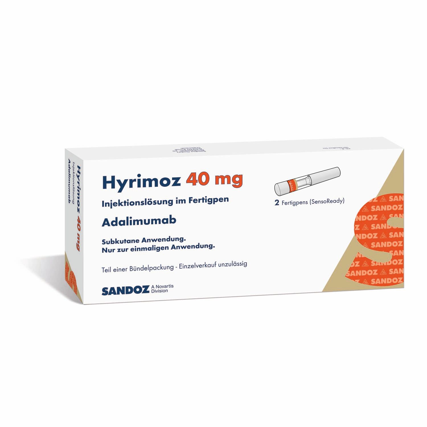 Hyrimoz 40 mg Injektionslösung im Fertigpen. Packung mit 2 Fertigpens. Sandoz-Logo.