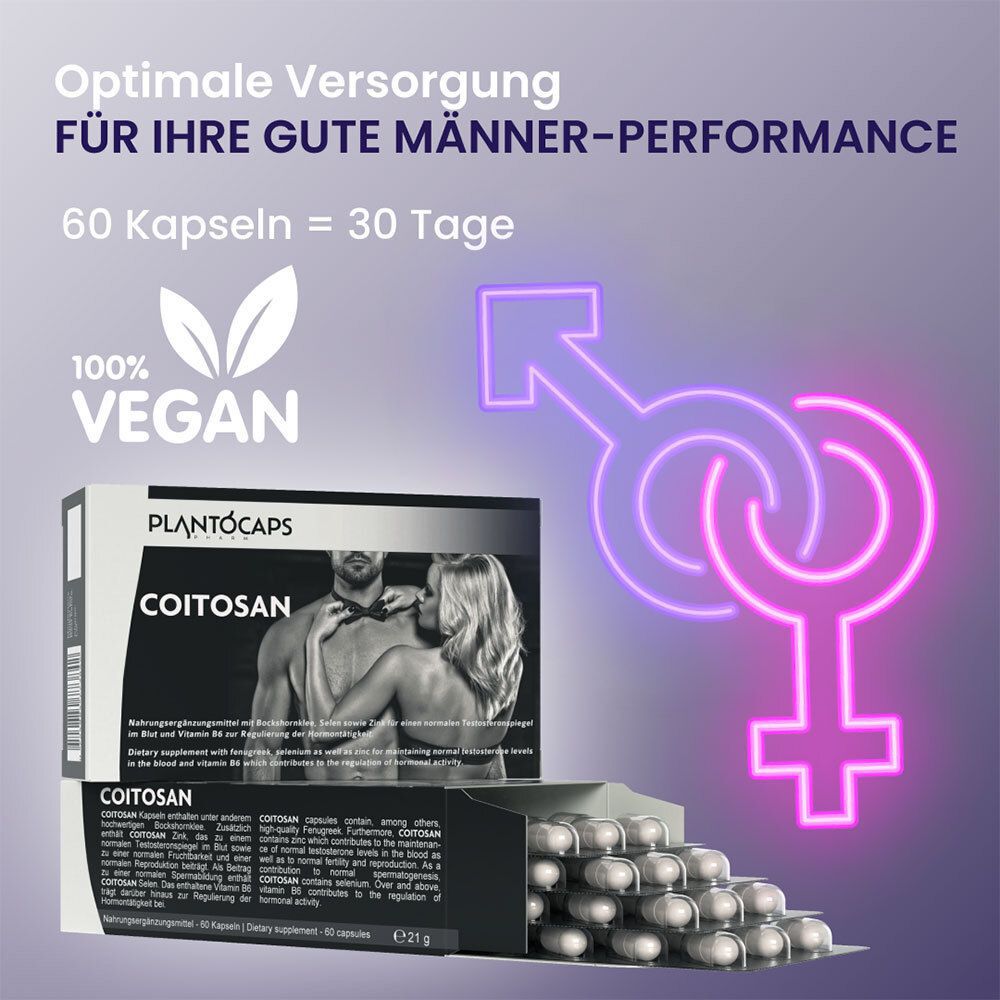 PlantoCaps Coitosan Verpackung, Kapseln und Geschlechtssymbole.