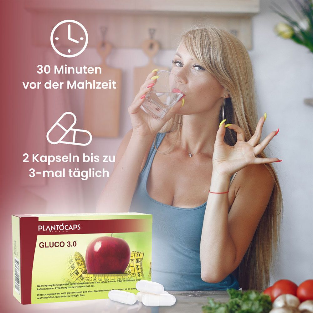 PlantoCaps Gluco 3.0 Verpackung mit Apfel und Maßband.
