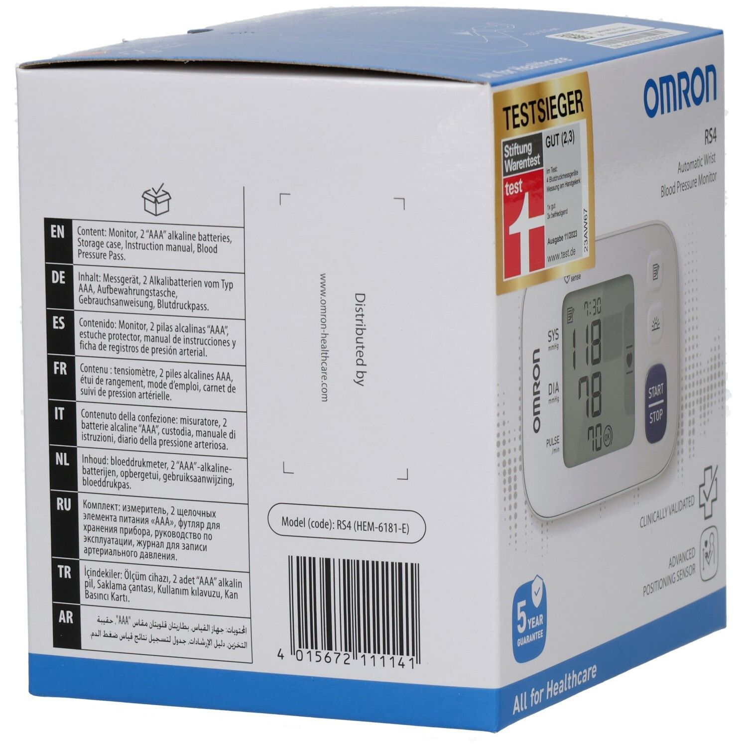 Rückseite der OMRON RS4 Verpackung. Enthält Informationen in mehreren Sprachen, einschließlich Inhaltsangaben.