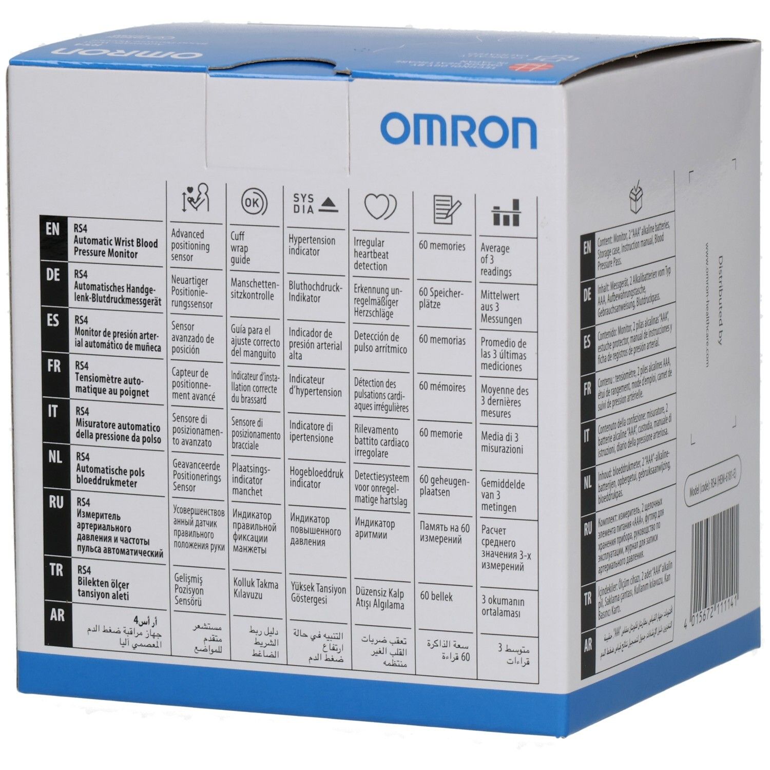 Seite der OMRON RS4 Verpackung. Text in mehreren Sprachen, darunter Funktionen und Symbole.