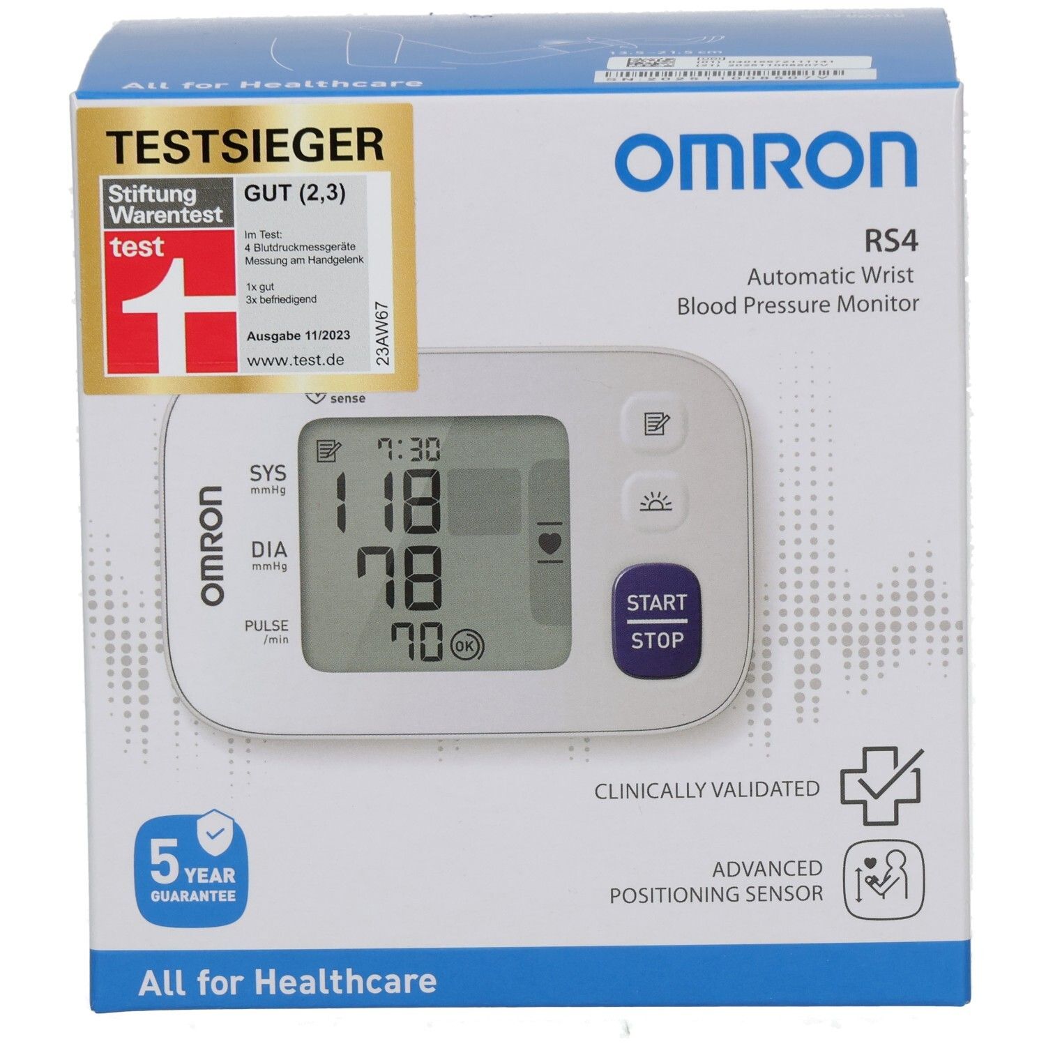 OMRON RS4 Handgelenk-Blutdruckmessgerät in Verpackung. Anzeige: 118/78, Puls 70. Stiftung Warentest GUT (2,3).
